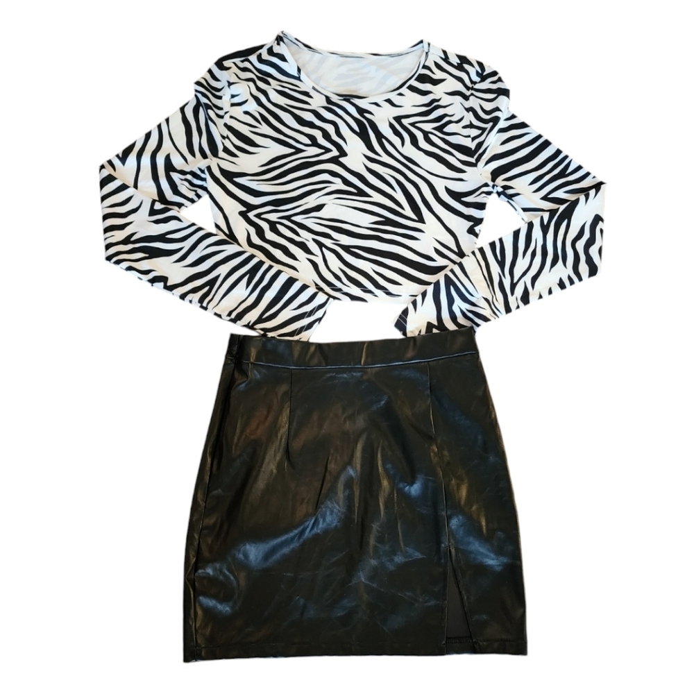 šFinal Sale| Shein Faux Leather Black Mini Skirt and Zebra Print Top 2fer